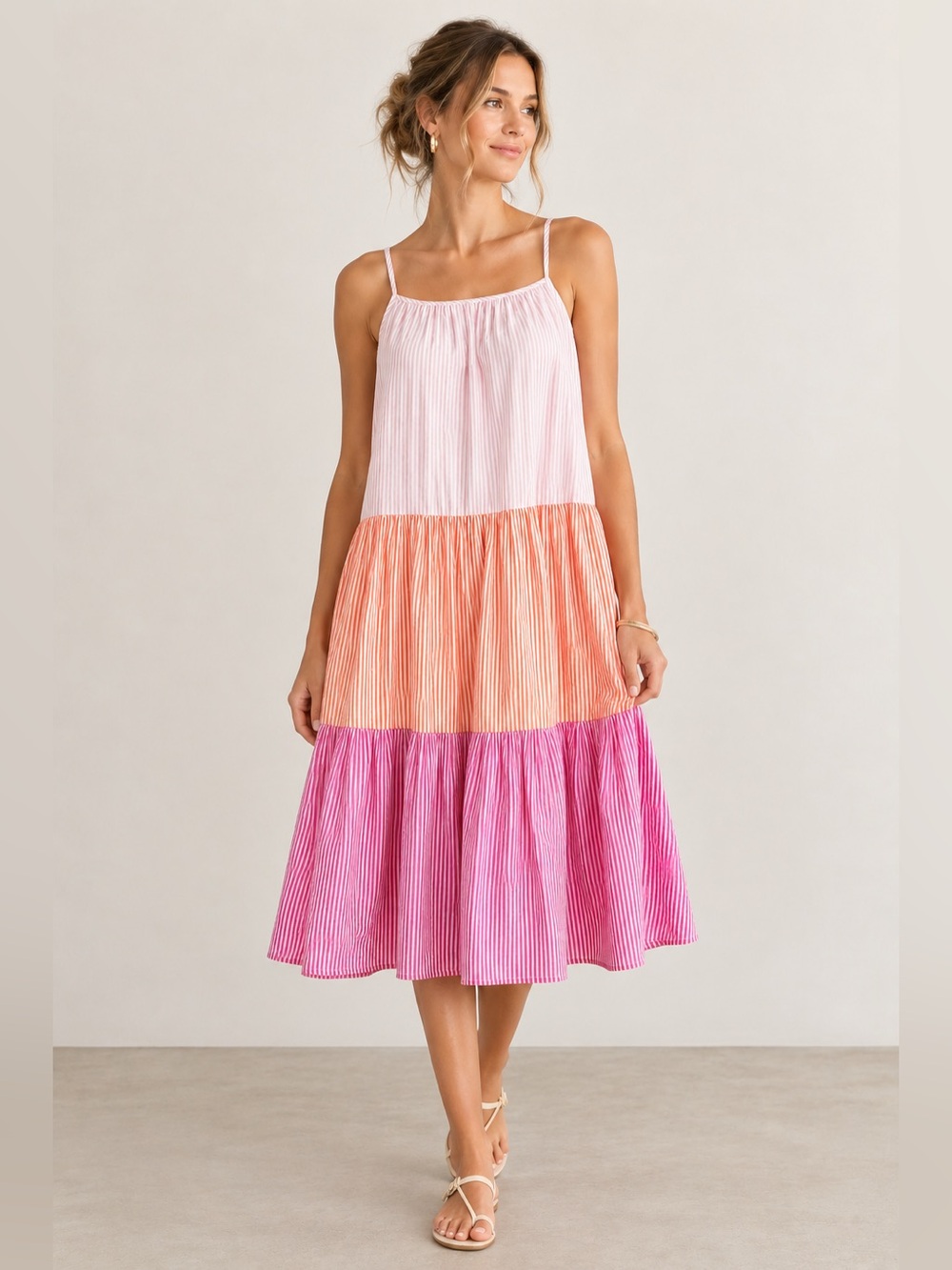 Solid & Striped Addison Shirting Pink Coral Cotton Tiered Midi Dress size Small